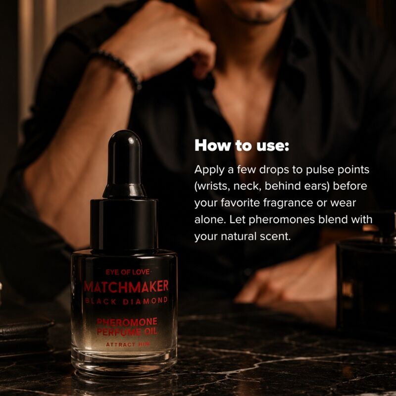 Flacon Matchmaker Black Diamond posé sur un marbre devant un homme en chemise noire