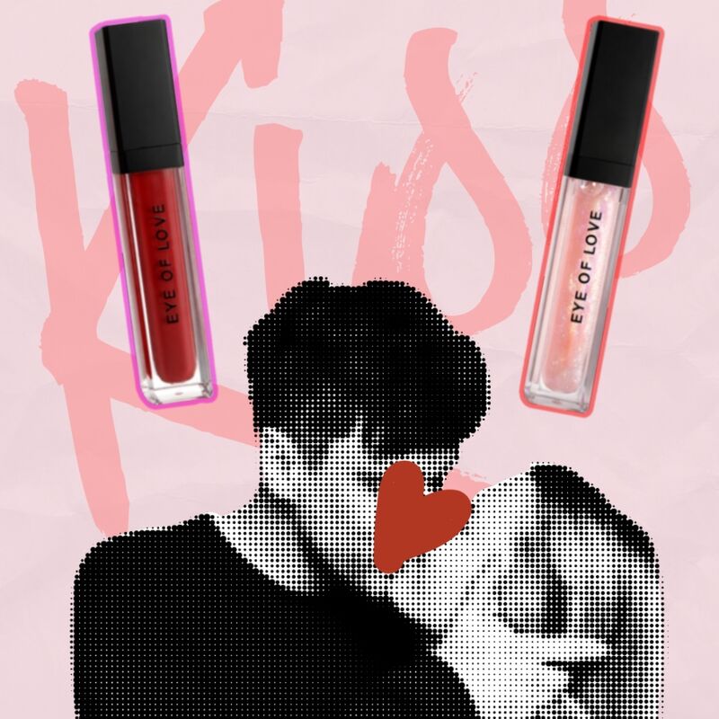 Illustration de couple et flacons de gloss Matchmaker Eye Of Love sur fond rose