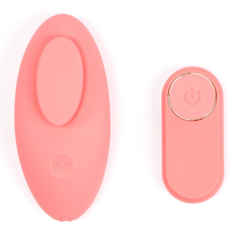 Vibromasseur ILY Panty Vibe corail de Je Joue vu de dessus à côté de sa télécommande