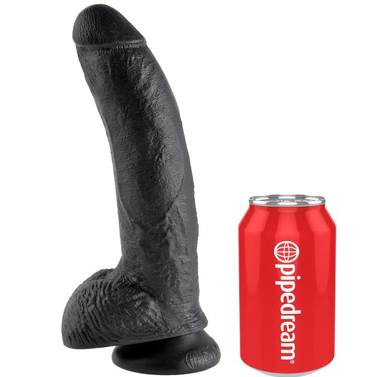 Gode réaliste King Cock noir à côté d'une canette pour donner l'échelle
