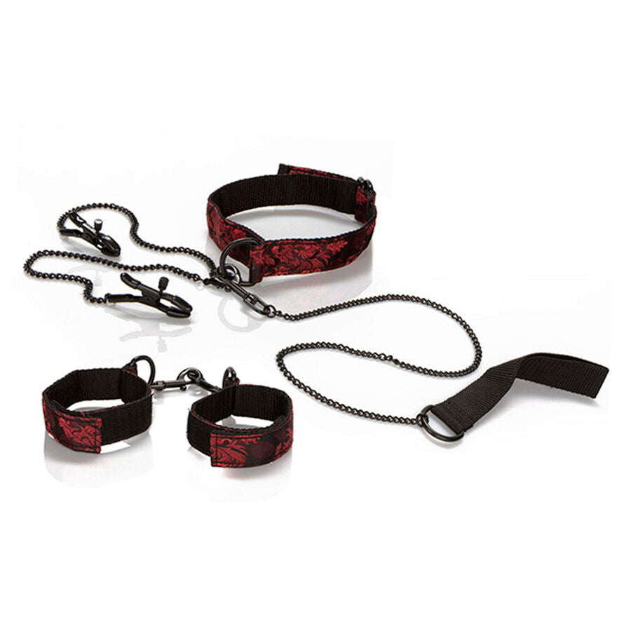 Kit de Soumission BDSM Scandal Menottes Collier Pinces Bandeau - CalExotics
