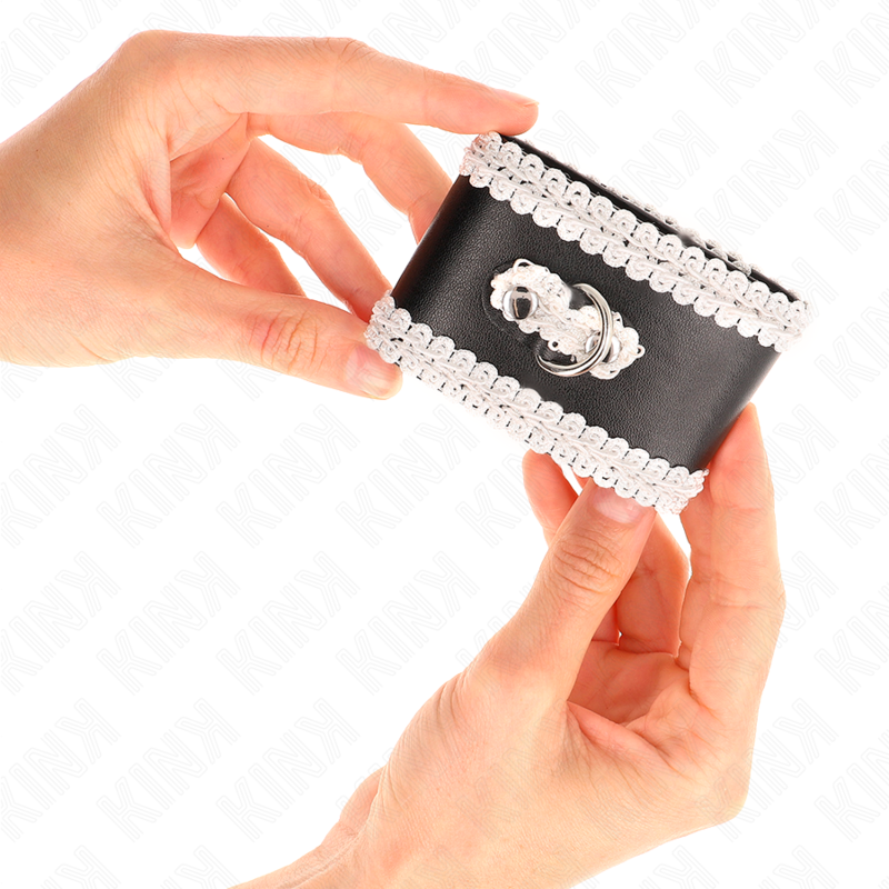 Menottes Poignets BDSM Cuir Noir Dentelle Blanc Réglables - Kink