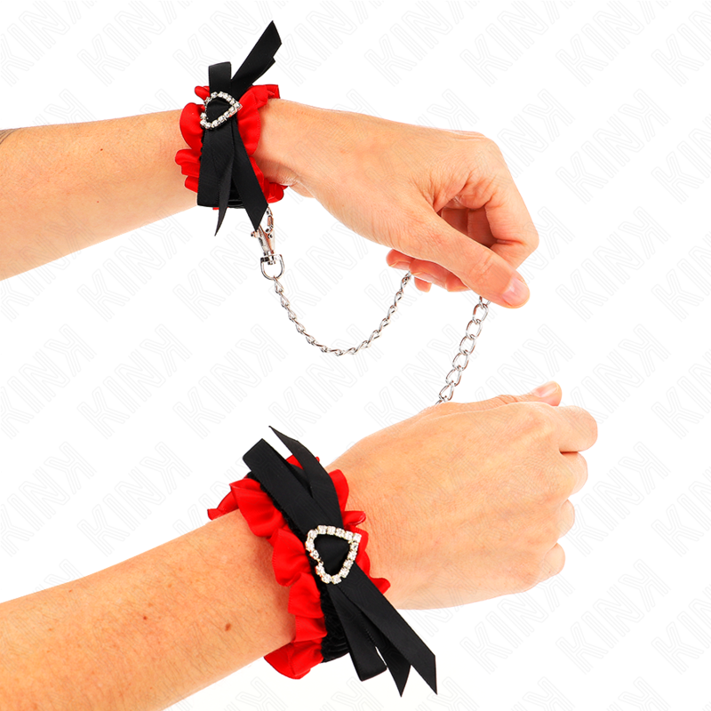 Menottes Poignets Dentelle Élastique Détails Cœur Rouge Réglables 22-35 cm - Kink