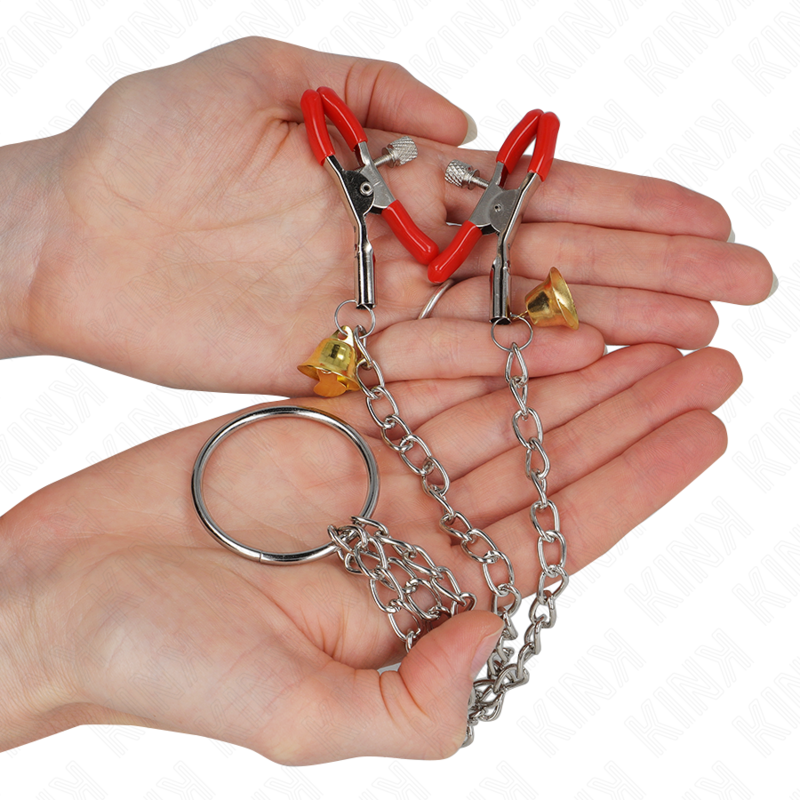 Pinces à Tétons et Clito Bell Triple avec Clochettes et Chaîne 30 cm - Kink